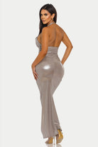 Women's Lustrous Knot Twist Front High Neck Slit Midi Dress – detail view