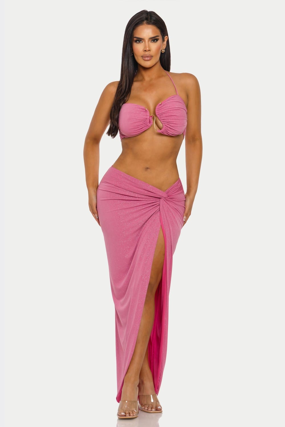 Women's Twist & Dazzle Halter Crop Top & Twist Front Slit Maxi Skirt Set – front view