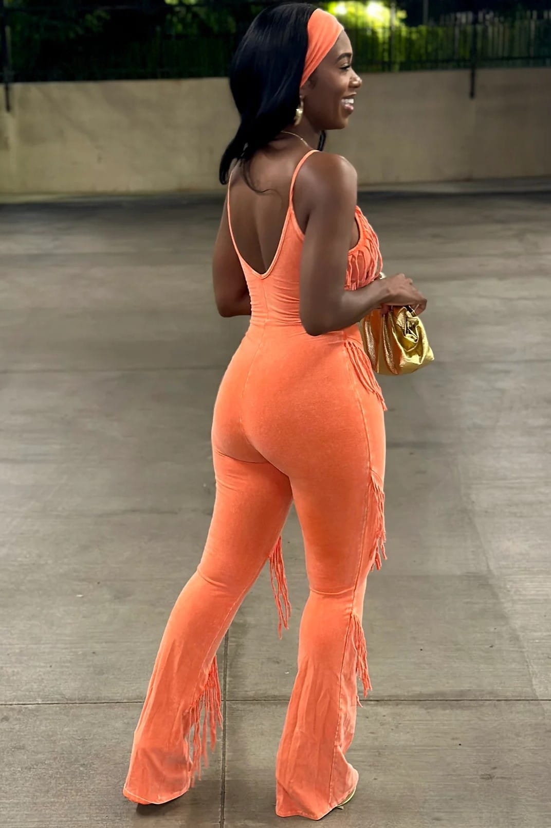 Orange fringe tassel deep V flare jumpsuit with spaghetti straps, alternate view