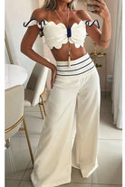 Women's white off-shoulder top and striped wide leg pants set