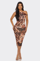 Women's Ember Aura Abstract Print One Shoulder Ruched Bodycon Midi Dress – side view