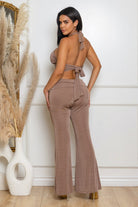 Women's Mocha Crimson Heat Velvet Halter Top & Flare Pants Set – back view