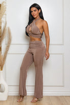 Women's Mocha Crimson Heat Velvet Halter Top & Flare Pants Set – front view