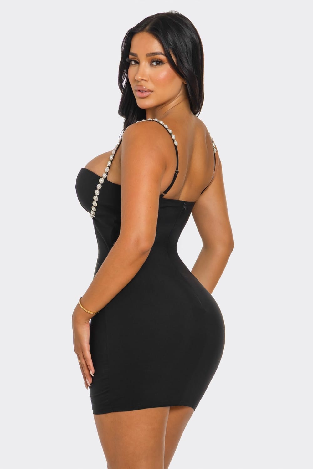 Women's Black Pearl Embrace Sweetheart Pearl Detail Mini Dress – side view