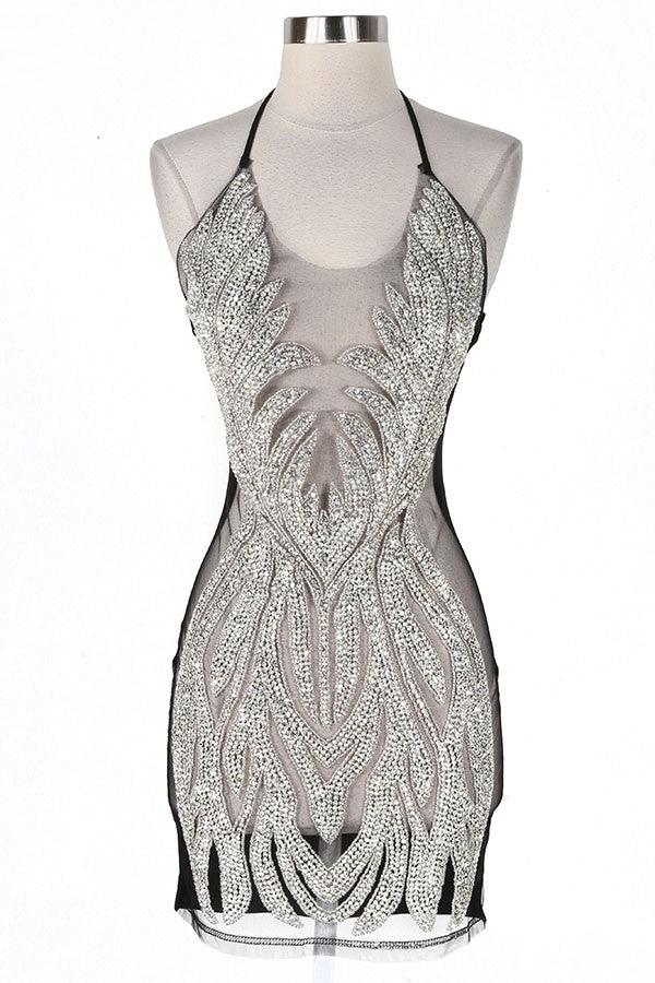 Women's silver sequin halter sheer mesh mini dress - photo 2