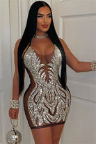 Women's silver sequin halter sheer mesh mini dress