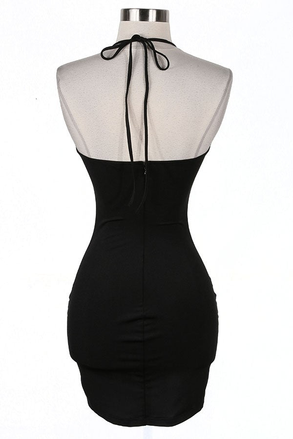 Women's black sequin halter sheer mesh mini dress