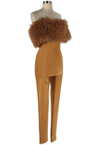 Women's camel off-shoulder faux fur trim fitted jumpsuit - photo 2