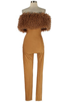 Women's camel off-shoulder faux fur trim fitted jumpsuit