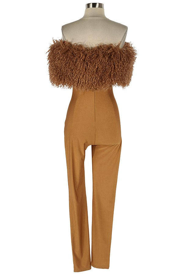 Women's camel off-shoulder faux fur trim fitted jumpsuit - photo 3
