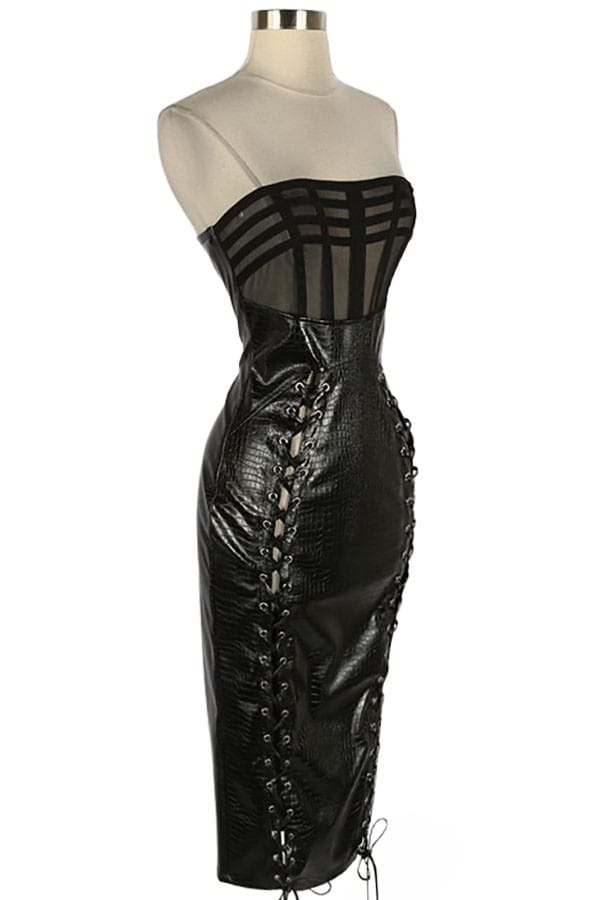 Women's Faux Leather Lace-Up Corset Midi Dress - photo 2
