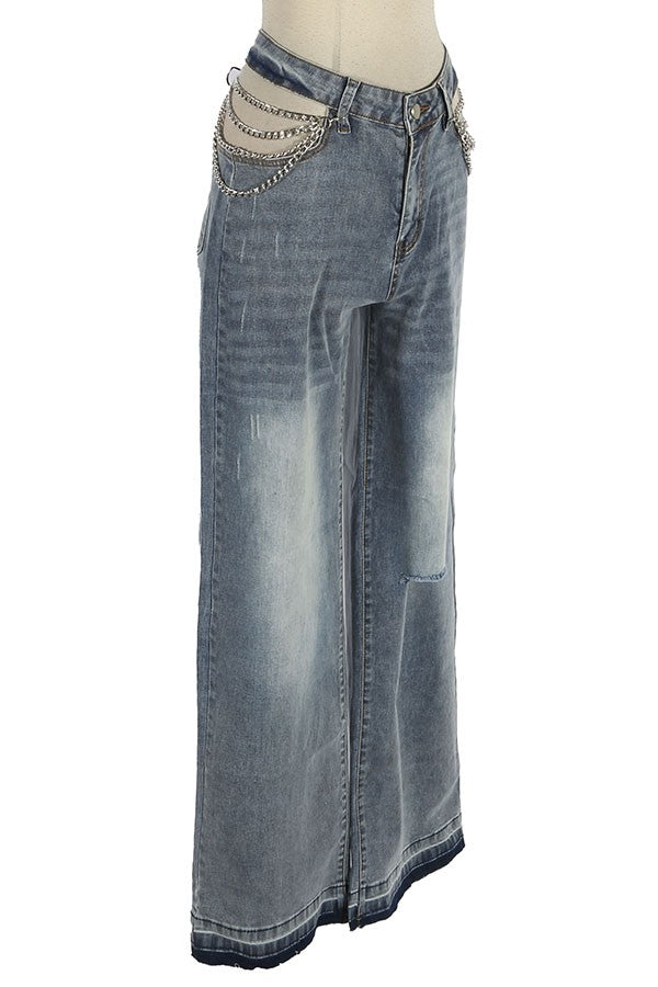 Women's Medium Wash Chain Detail Wide Leg Jeans - photo 2