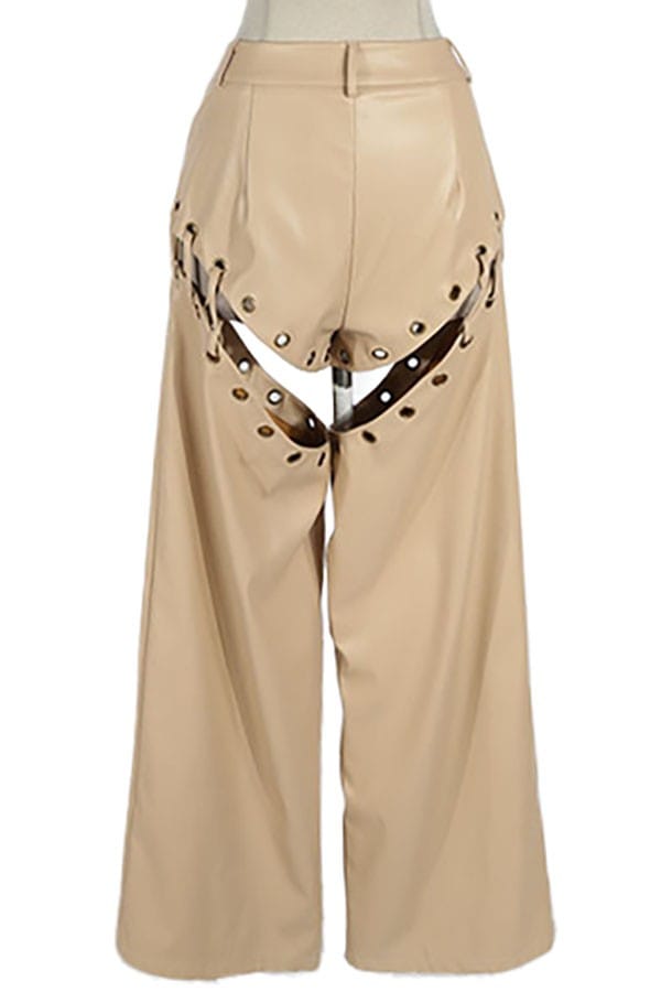 Women's Faux Leather Chain Cutout Wide Leg Pants - photo 3