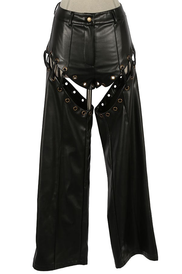 Women's Faux Leather Chain Cutout Wide Leg Pants