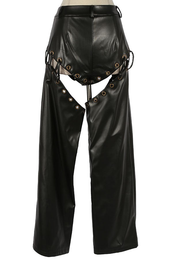 Women's Faux Leather Chain Cutout Wide Leg Pants - photo 3