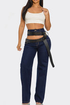 Belted jeans back view