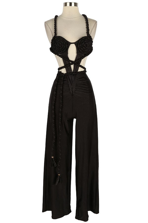 Women's Satin Halter Cutout Wide Leg Jumpsuit