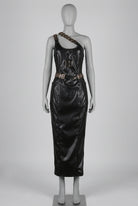 Women's Faux Leather One Shoulder Buckle Midi Dress
