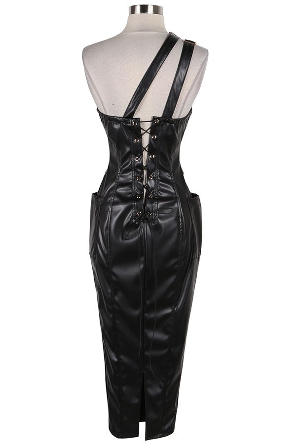 Women's Faux Leather One Shoulder Buckle Midi Dress - photo 3