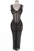 Women's Sheer Mesh Corset Midi Dress