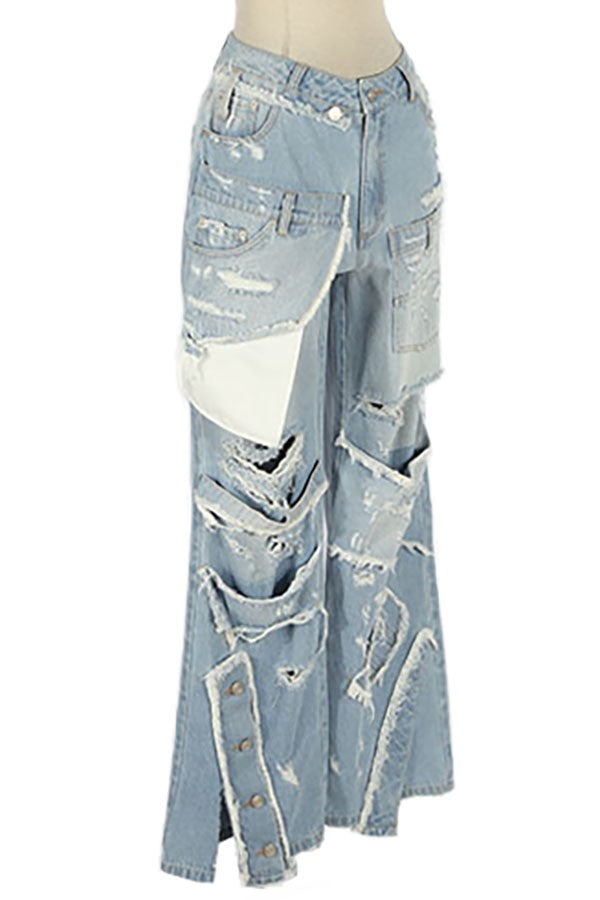 Women's Light Wash Distressed Cutout Wide Leg Jeans - photo 2