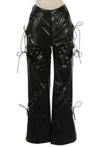 Women's Faux Leather Lace-Up Side Wide Leg Pants