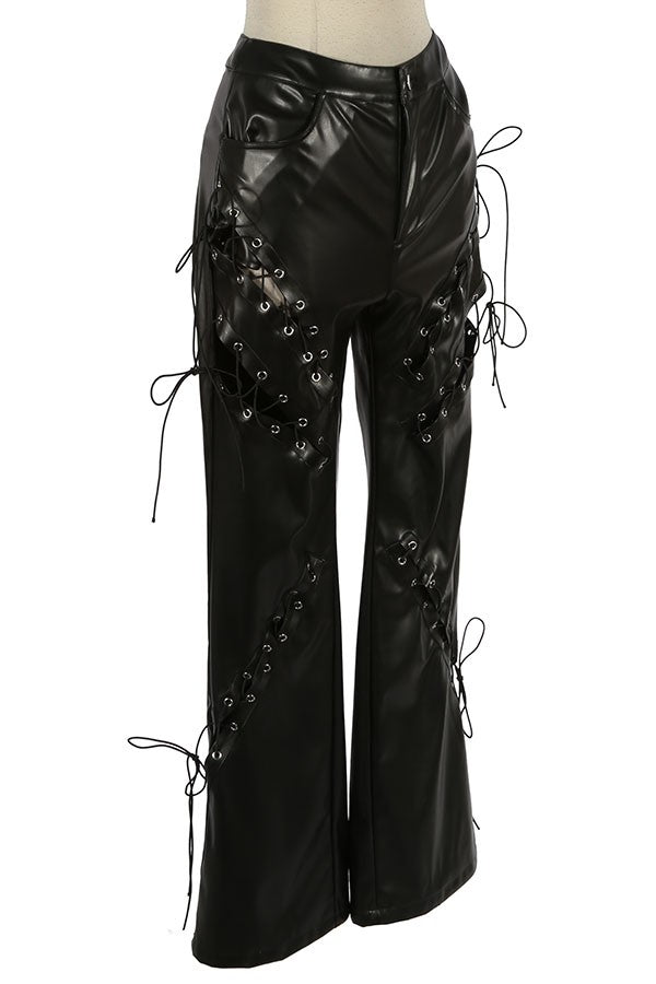 Women's Faux Leather Lace-Up Side Wide Leg Pants - photo 2