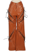Women's Faux Leather Lace-Up Side Wide Leg Pants