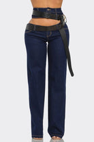 Women's Dark Wash Belted Wide Leg Jeans