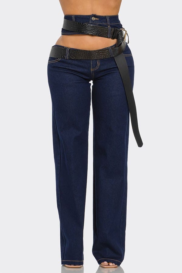 Women's Dark Wash Belted Wide Leg Jeans