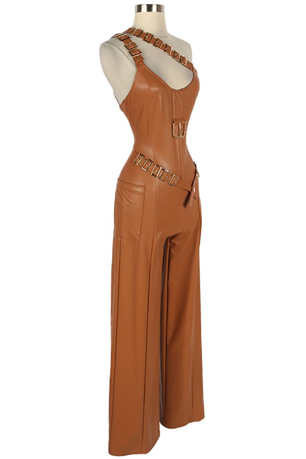 Women's Faux Leather One Shoulder Wide Leg Jumpsuit - photo 2