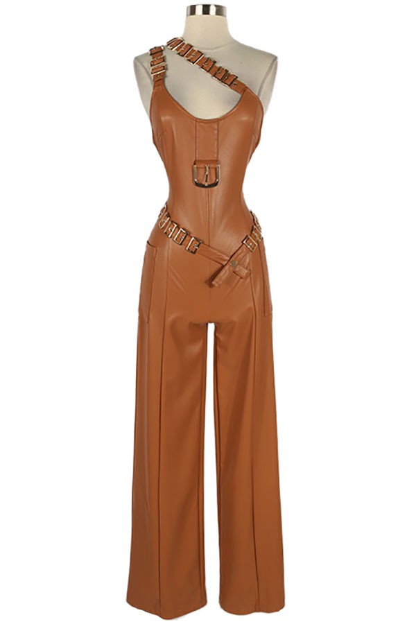 Women's Faux Leather One Shoulder Wide Leg Jumpsuit