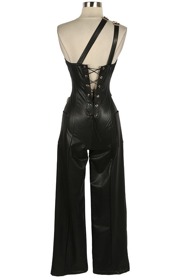 Women's Faux Leather One Shoulder Wide Leg Jumpsuit - photo 3