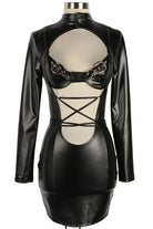 Women's Faux Leather Long Sleeve Lace-Up Cutout Mini Dress