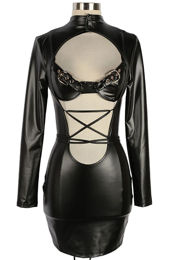 Women's Faux Leather Long Sleeve Lace-Up Cutout Mini Dress