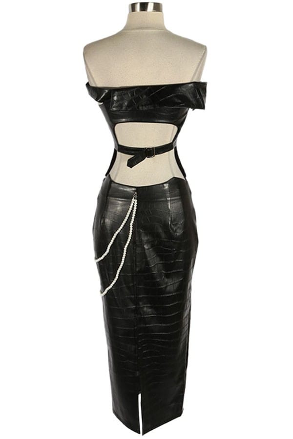 Women's Faux Leather Strapless Top & Chain Maxi Skirt Set - photo 3