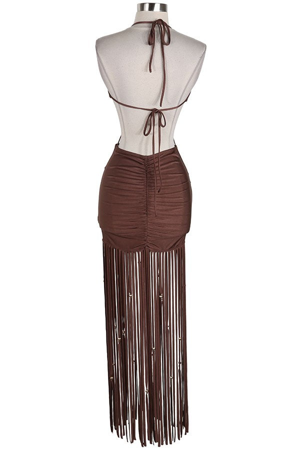Women's Halter Cutout Fringe Maxi Dress - photo 3