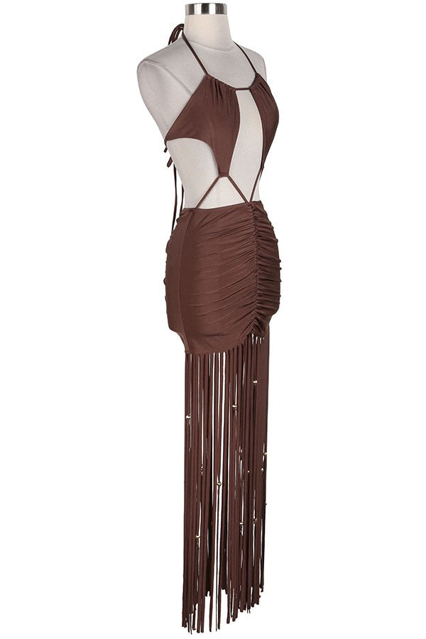 Women's Halter Cutout Fringe Maxi Dress - photo 2