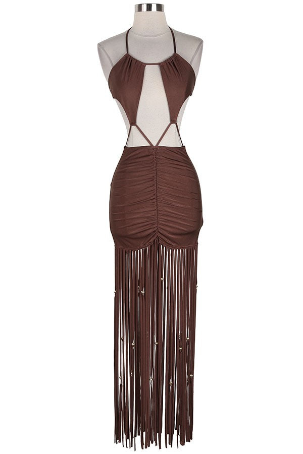 Women's Halter Cutout Fringe Maxi Dress