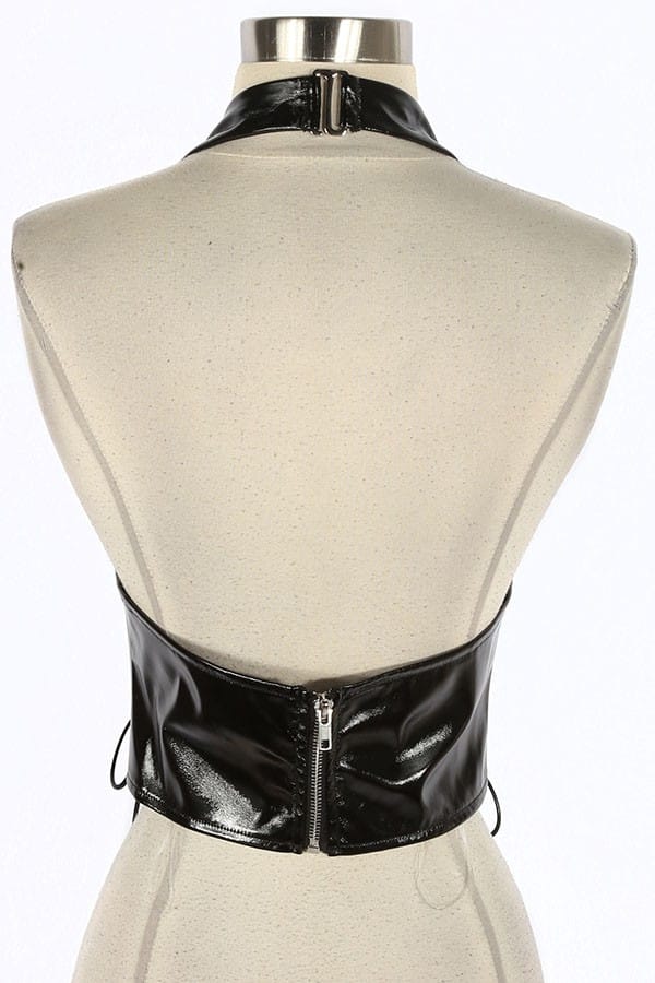 Women's Faux Leather Halter Lace-Up Corset Top - photo 3