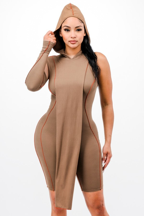 Women's Hooded One Sleeve Cutout Romper