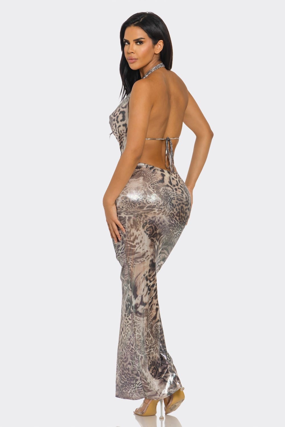 Women's Elysian Hunt Animal Print Cowl Neck Satin Maxi Gown – detail view