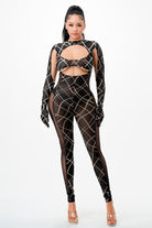 Women's Printed Mesh Long Sleeve Cutout Jumpsuit