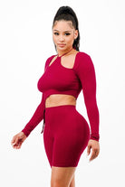 Women's Long Sleeve Cutout Crop Top & Biker Shorts Set - photo 2