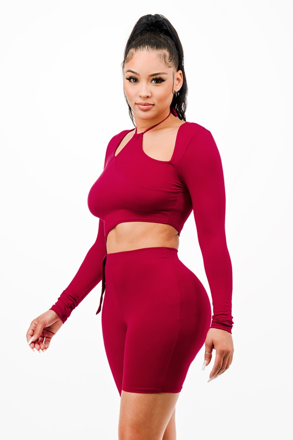 Women's Long Sleeve Cutout Crop Top & Biker Shorts Set - photo 2