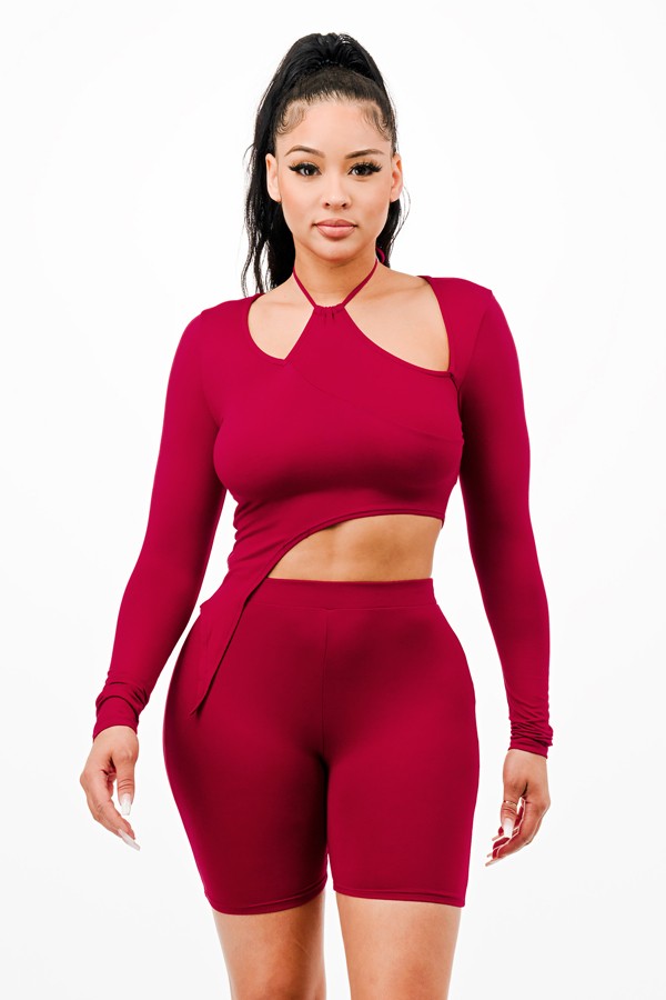 Women's Long Sleeve Cutout Crop Top & Biker Shorts Set