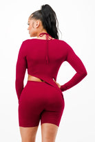 Women's Long Sleeve Cutout Crop Top & Biker Shorts Set - photo 3