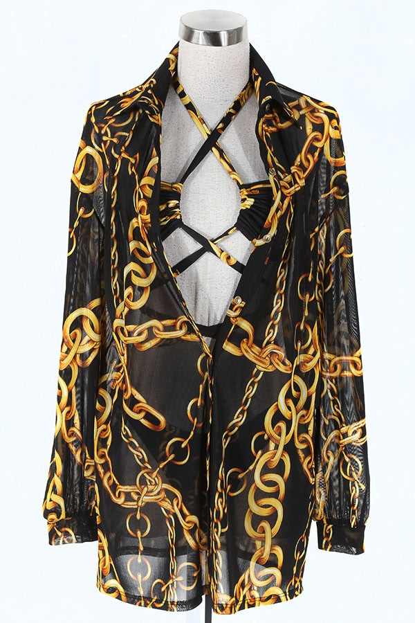 Women's Chain Print Blouse, Bralette & Shorts 3-Piece Set