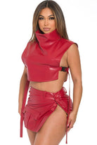 Women's Faux Leather Mock Neck Crop Top & Cargo Mini Skirt Set - photo 2