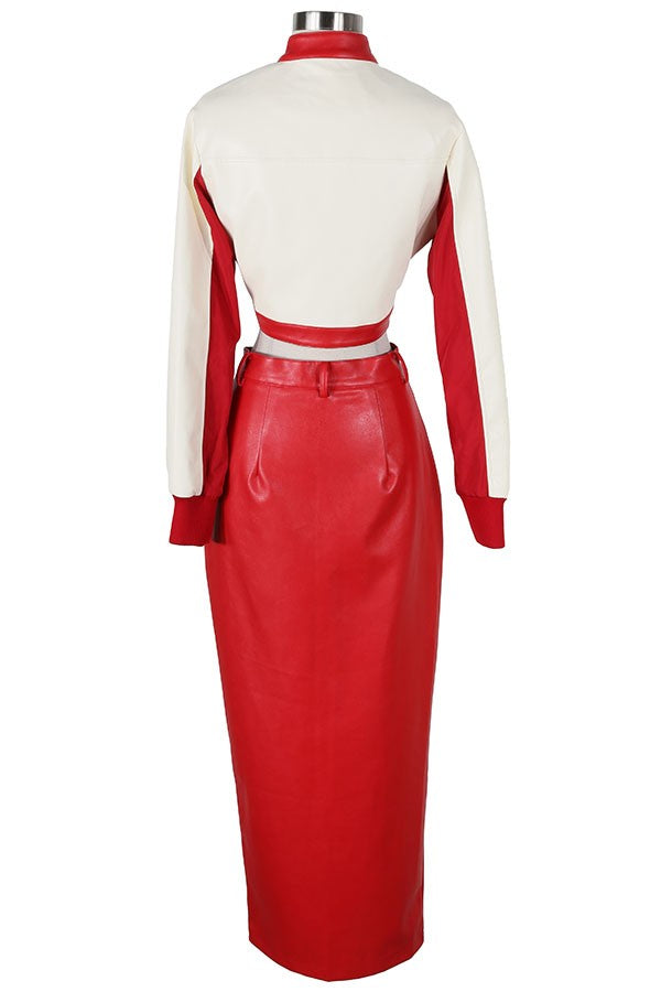 Women's Faux Leather Racer Crop Top & Slit Maxi Skirt Set - photo 3